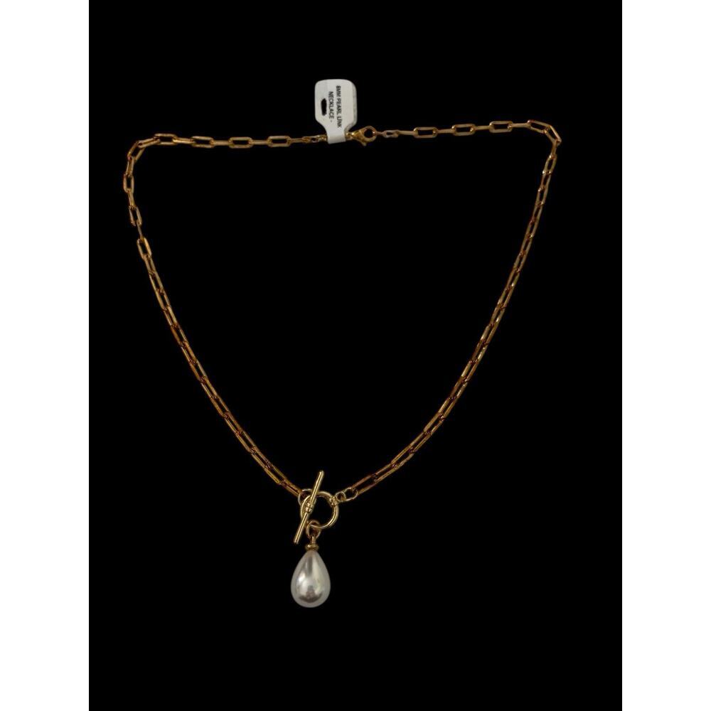 Gold Plated Danity Freshwater Pearl Paper Clip Toggle Chain Necklace Pendant NWT